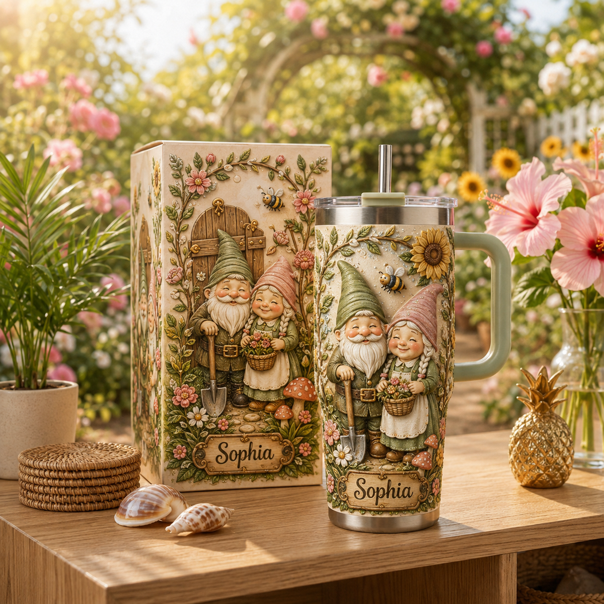 🌻 Personalized Garden Gnome Couple Tumbler - A Cheerful Cup Full of Flowers, Sunshine & Garden Charm