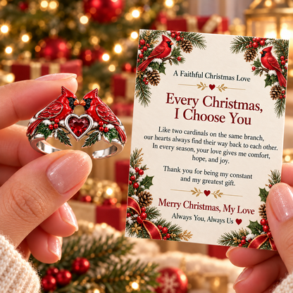 ❤️🐦Cardinal Love Ring With Message Card – Every Christmas, I Choose You