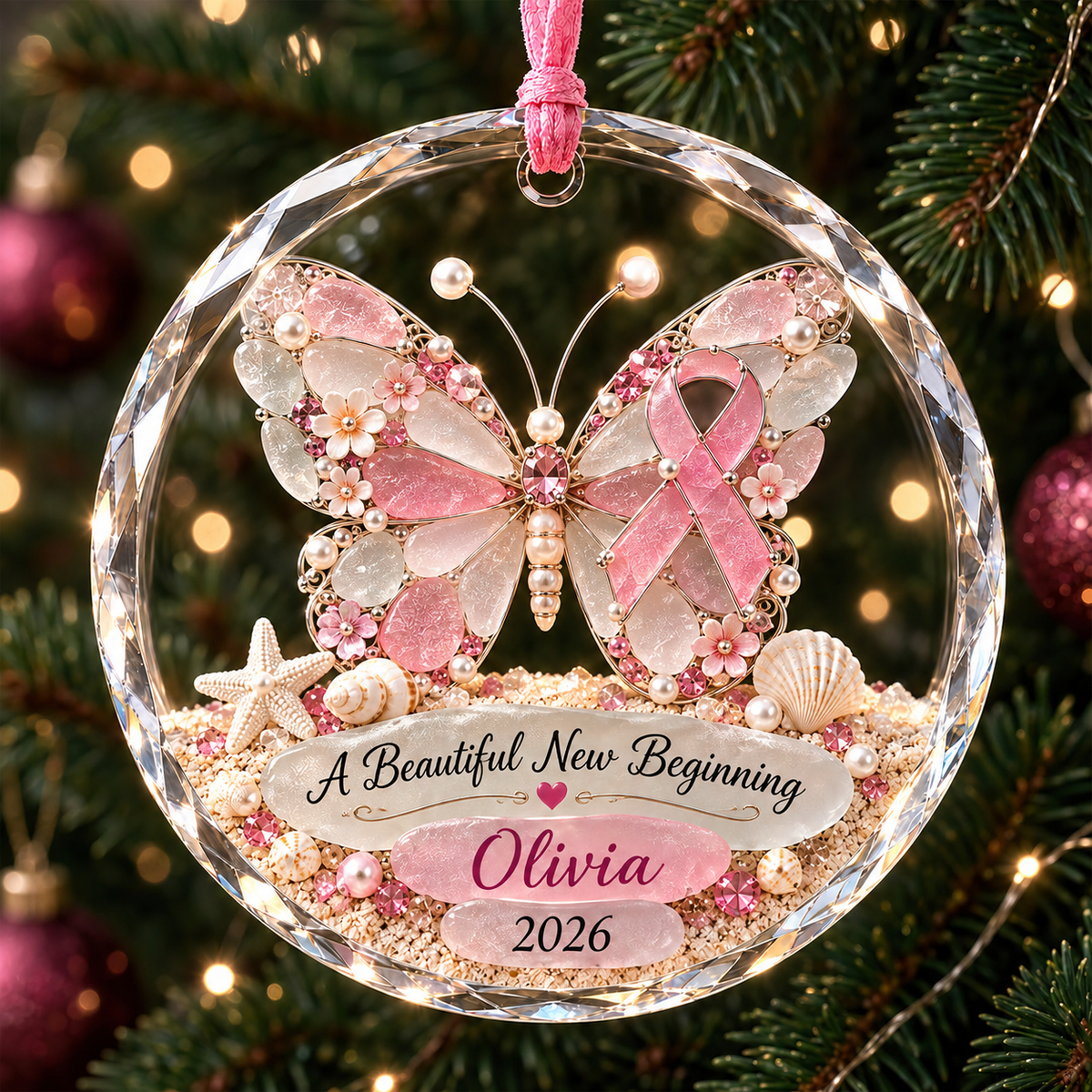 🎀 Personalized Breast Cancer Fighter Crystal Christmas Ornament