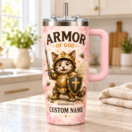 Personalized Armor of God Cat Tumbler – Custom Name Christian Gift
