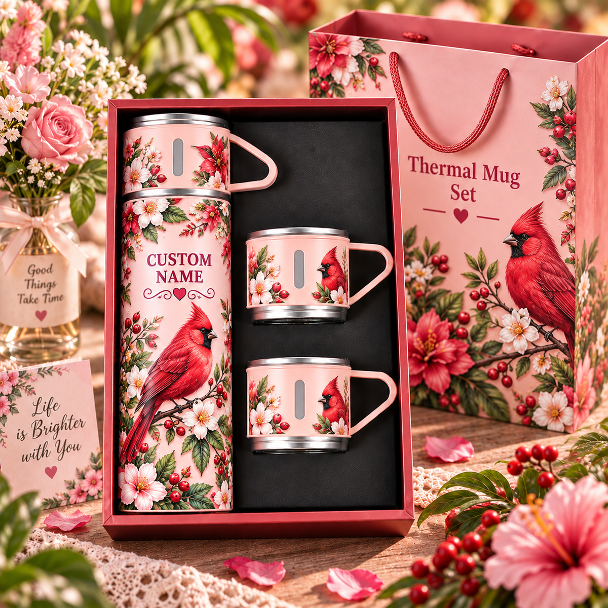 🌸 Personalized Floral Garden Thermal Bottle & Cup Gift Set