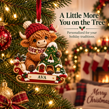 🐮 Personalized Highland Cow "Cozy Sleigh" Ornament | Custom Initial & Name Christmas Keepsake