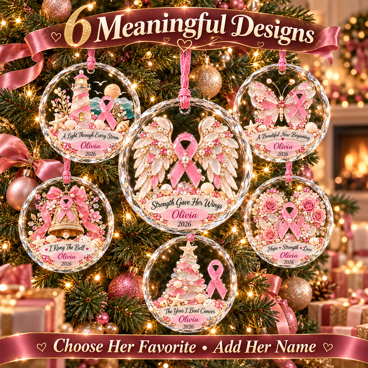 🎀 Personalized Breast Cancer Fighter Crystal Christmas Ornament