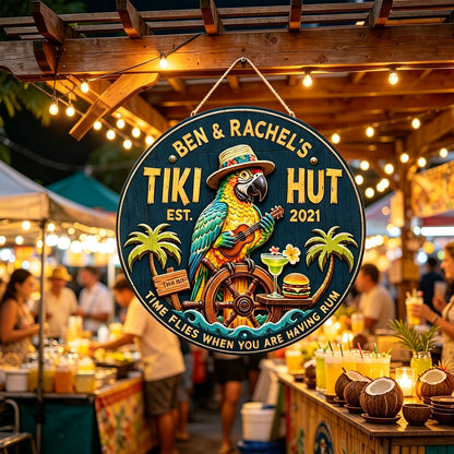 Personalized Tiki Bar Wood Signs: Parrot playing guitar