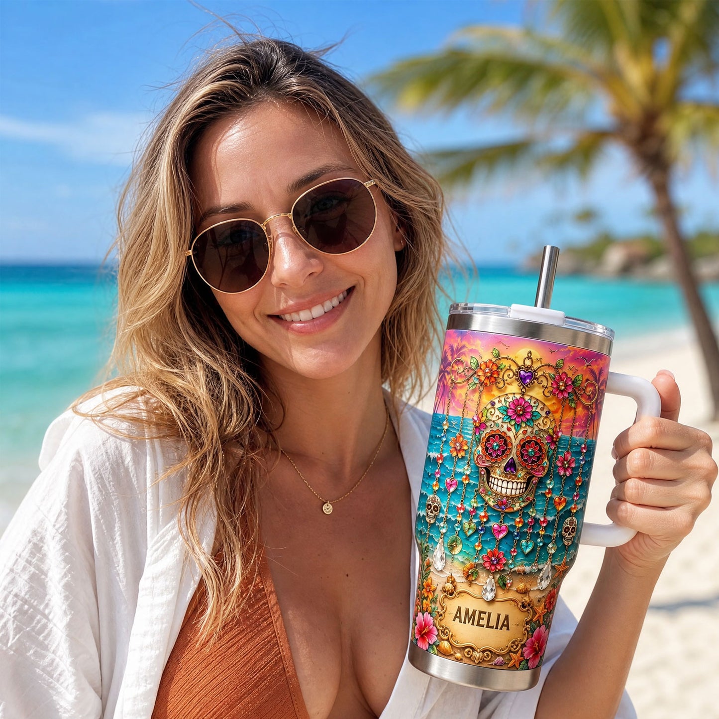 Personalized Sugar Skull Beach Tumbler With Name