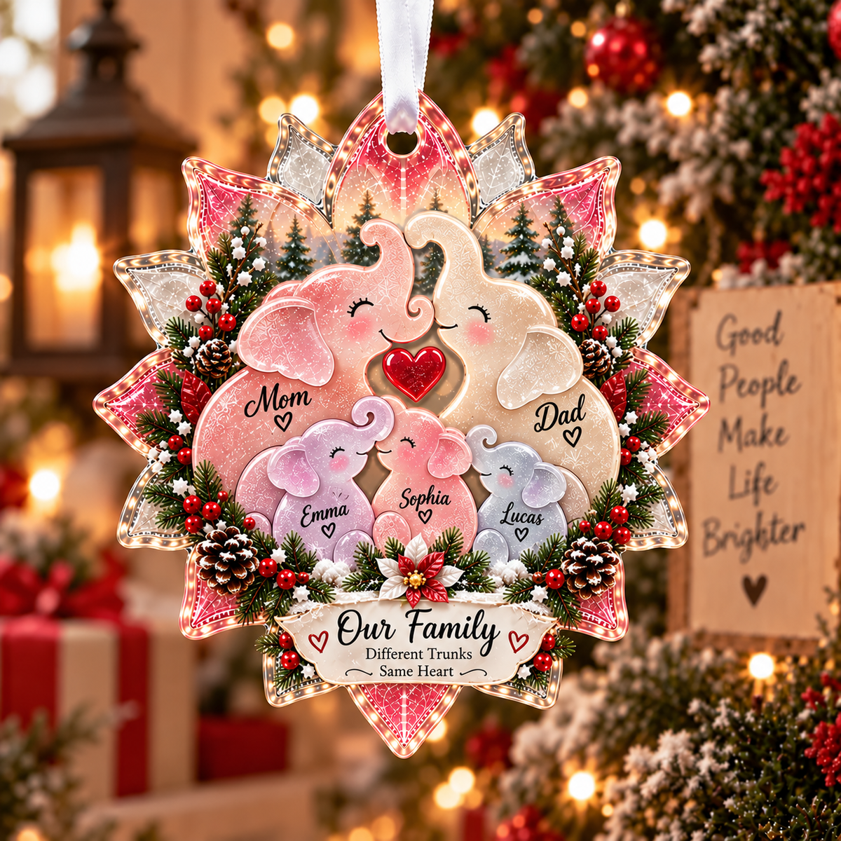 🐘 Personalized Elephant Family Sea Glass Style Christmas Ornament