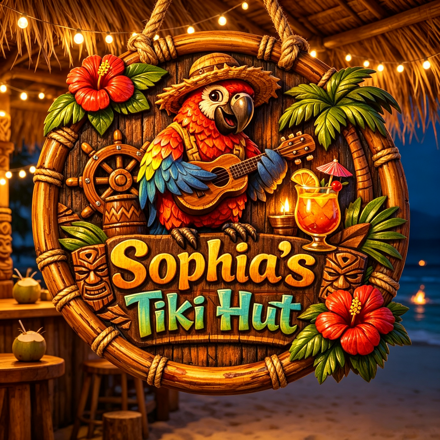 Custom Tiki Bar Tropical Parrot Door Sign, Beach House Welcome Sign