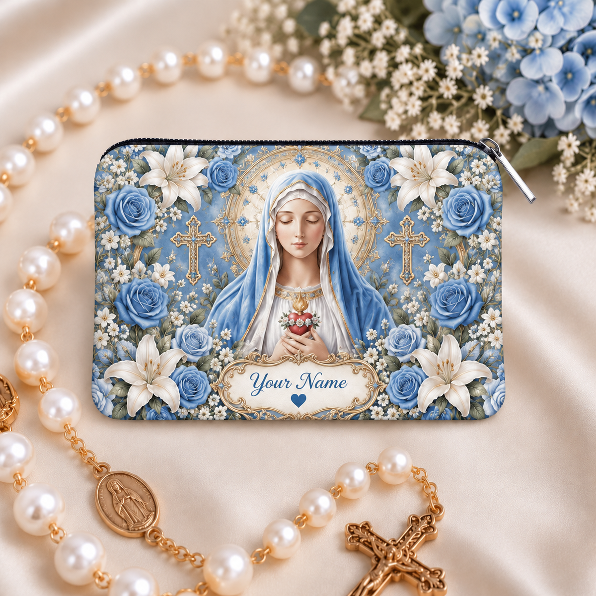 💙 Personalized Virgin Mary Zipper Pouch – A Meaningful Faith Gift for Her