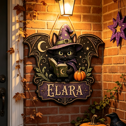 Custom Witch Cat Halloween Door Hanger with Name