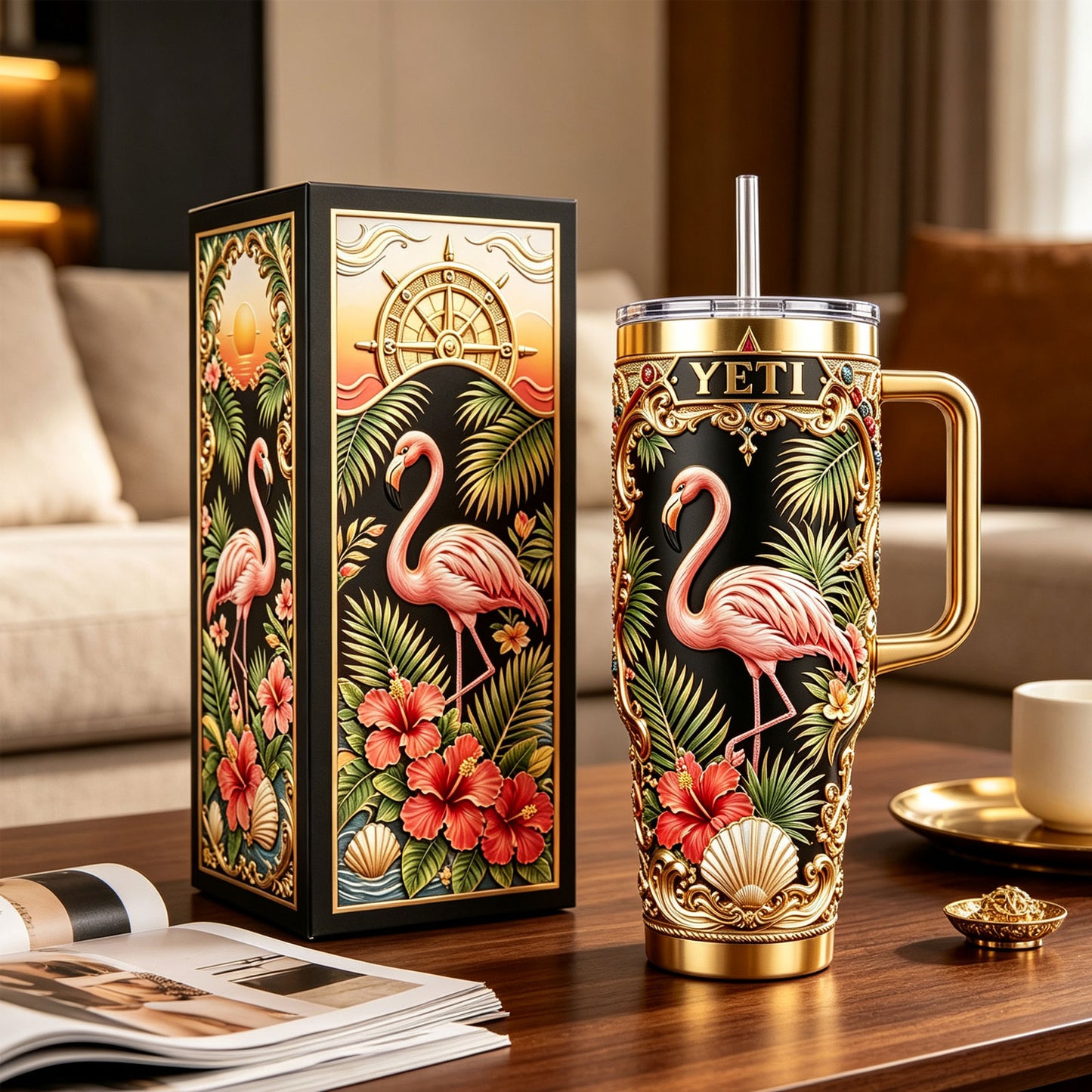 ✨Personalized Pink Flamingo Hibiscus 40oz Handle Tumbler🌺