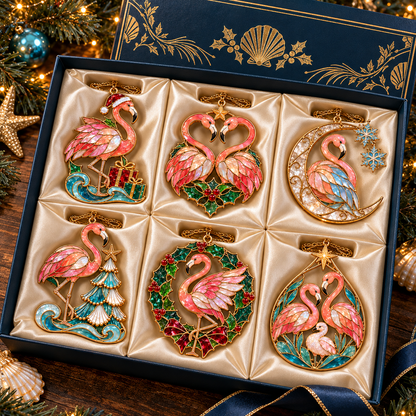 🦩 Coastal Christmas Flamingo Ornaments – Vintage Stained-Glass Style🎄