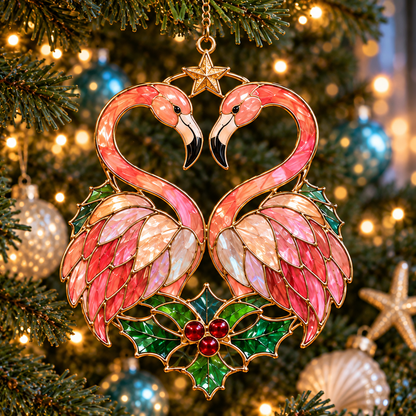 🦩 Coastal Christmas Flamingo Ornaments – Vintage Stained-Glass Style🎄