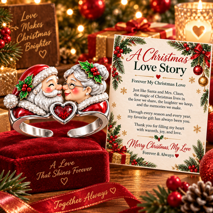 A Christmas Love Story – Santa & Mrs. Claus Adjustable Heart Ring with Romantic Message Card | Christmas Gift for Wife