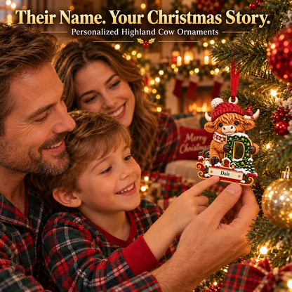 🐮 Personalized Highland Cow "Cozy Sleigh" Ornament | Custom Initial & Name Christmas Keepsake