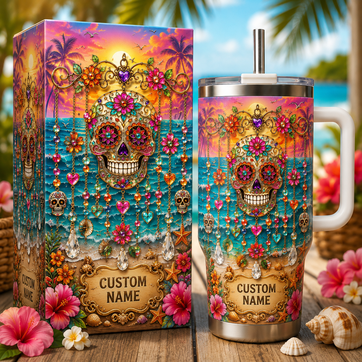 Personalized Sugar Skull Beach Tumbler With Name