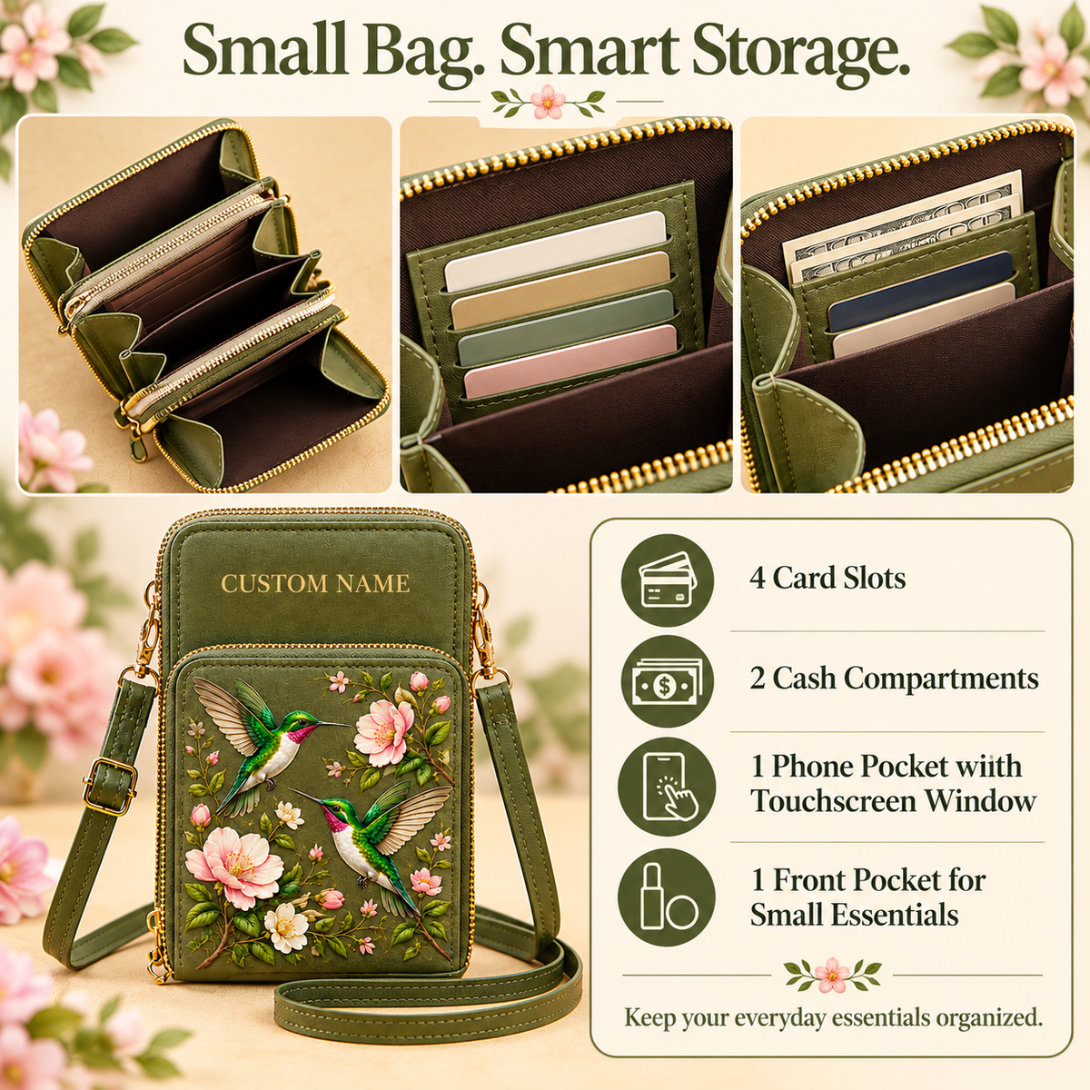 Personalized Hummingbird Touchscreen Crossbody