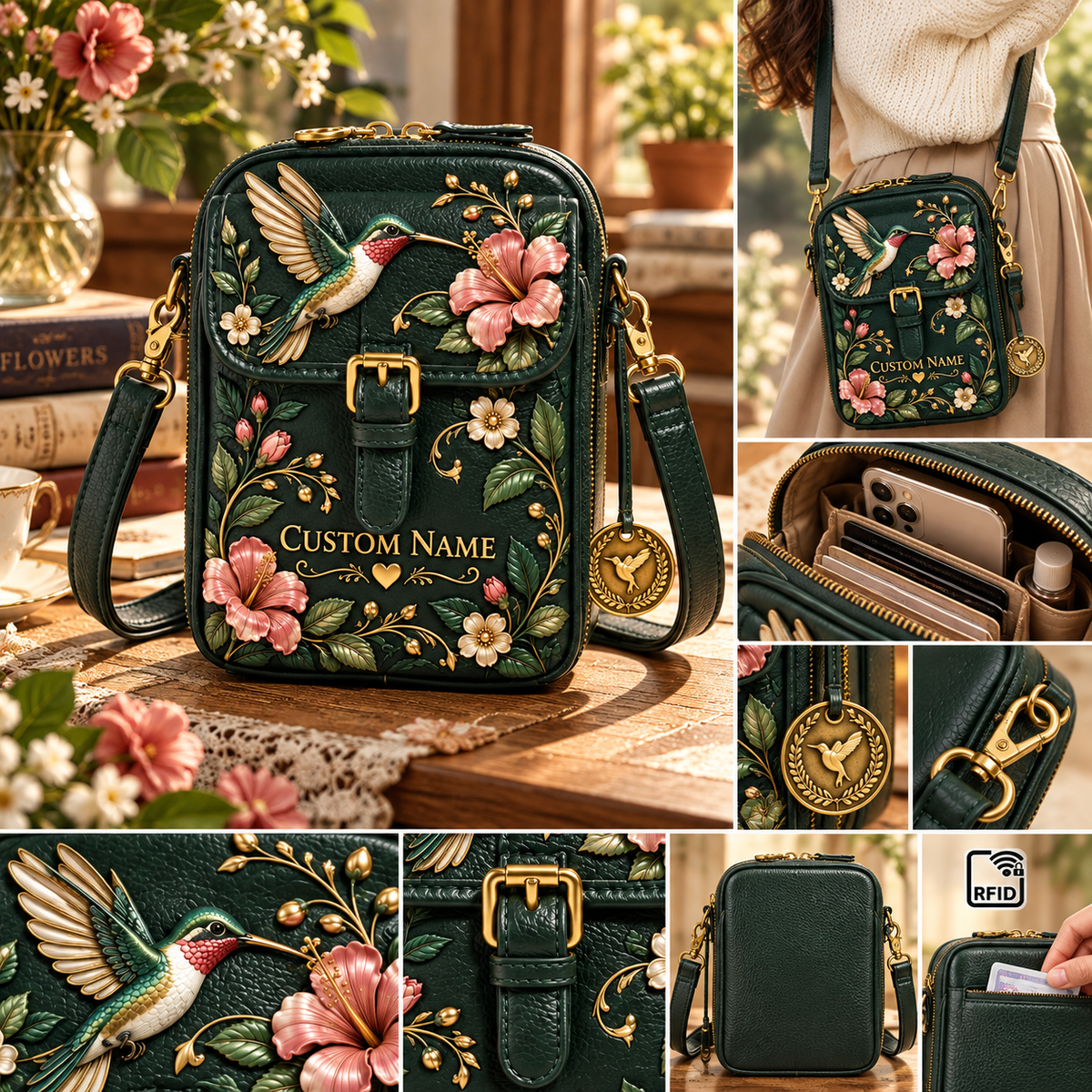 Personalized Hummingbird Crossbody Bag - Custom Name Floral RFID Shoulder Bag 🎁✨