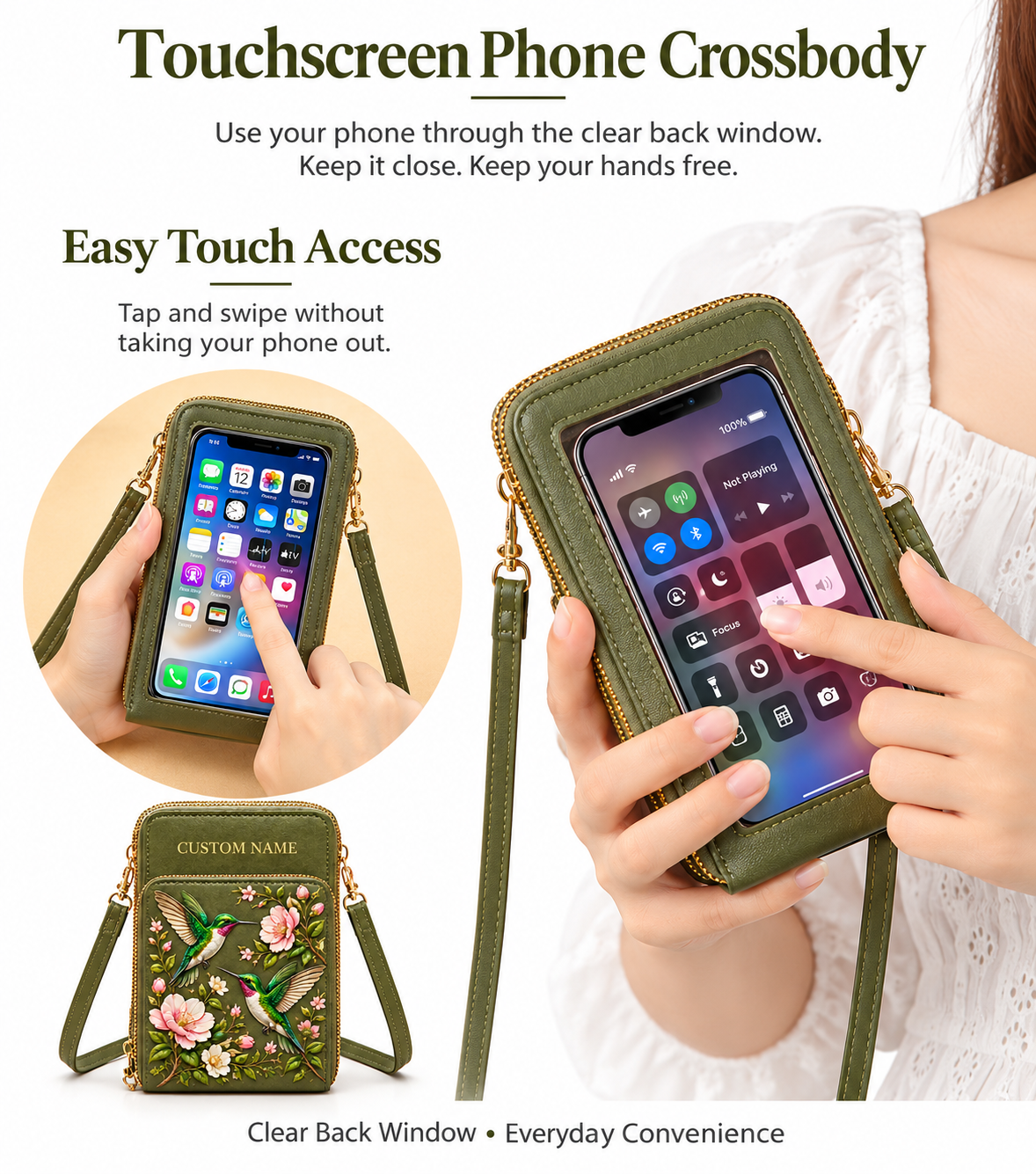 Personalized Hummingbird Touchscreen Crossbody
