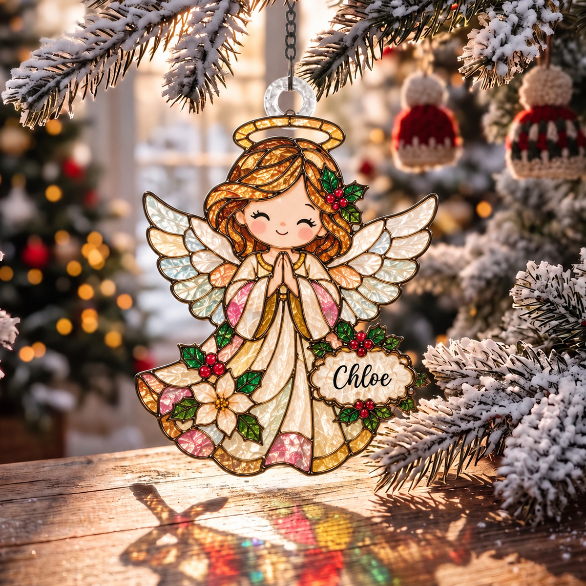 Personalized Christmas-themed Stained Glass Ornament – Custom Name Suncatcher Tree Decoration 🌈