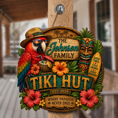 Custom Island Tiki Bar Tropical Parrot Door Hanger,