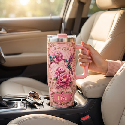 Personalized Hummingbird Peony Tumbler – Custom Name Floral Gift Cup for Her