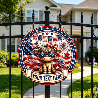 Custom Patriotic Highland Cow Wooden Sign