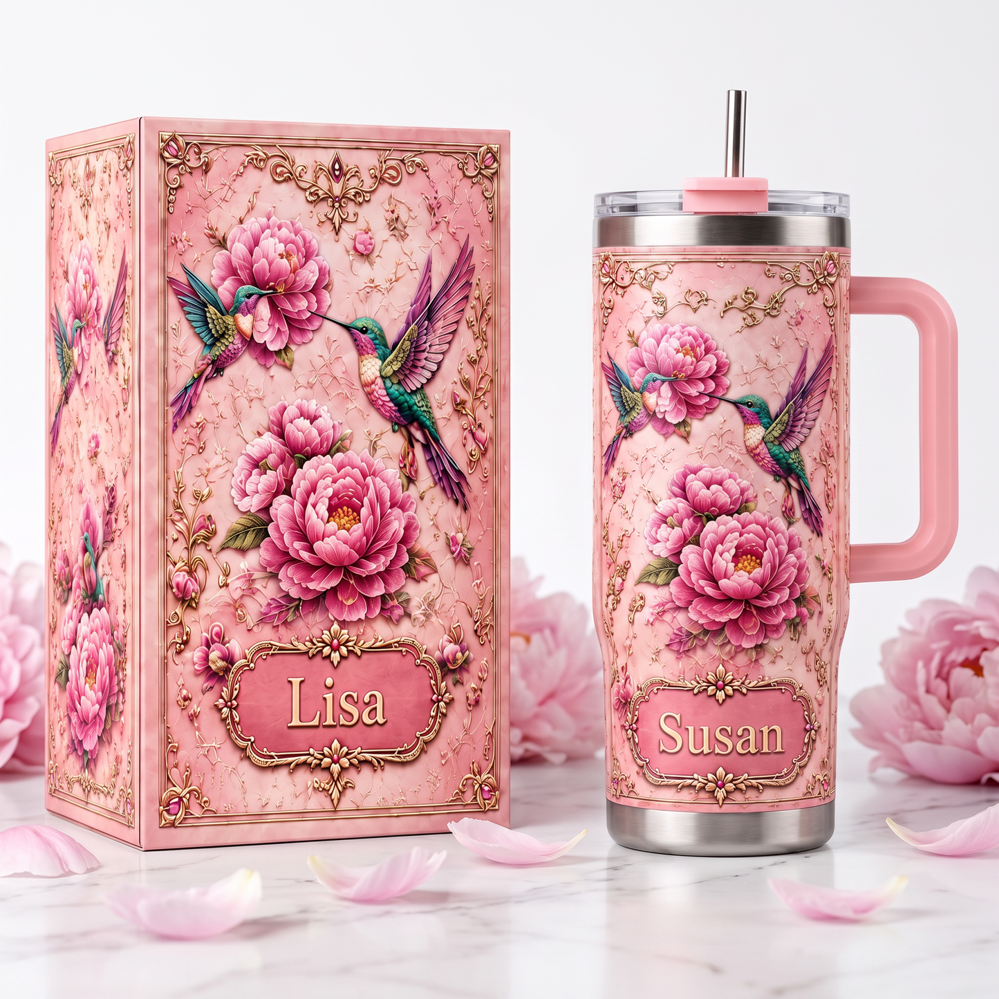 Personalized Hummingbird Peony Tumbler – Custom Name Floral Gift Cup for Her
