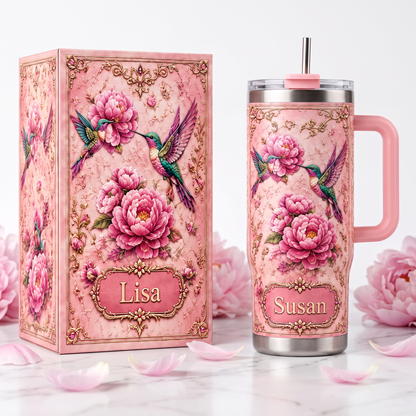 Personalized Hummingbird Peony Tumbler – Custom Name Floral Gift Cup for Her
