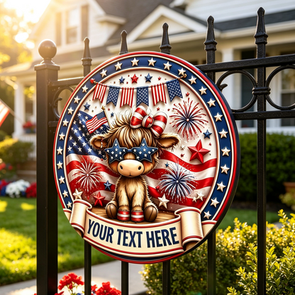 Custom Patriotic Highland Cow Wooden Sign