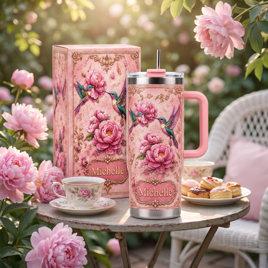 Personalized Hummingbird Peony Tumbler – Custom Name Floral Gift Cup for Her
