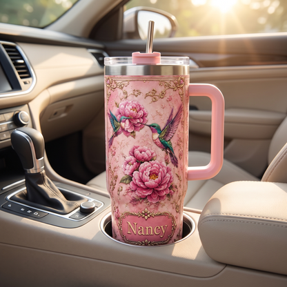 Personalized Hummingbird Peony Tumbler – Custom Name Floral Gift Cup for Her