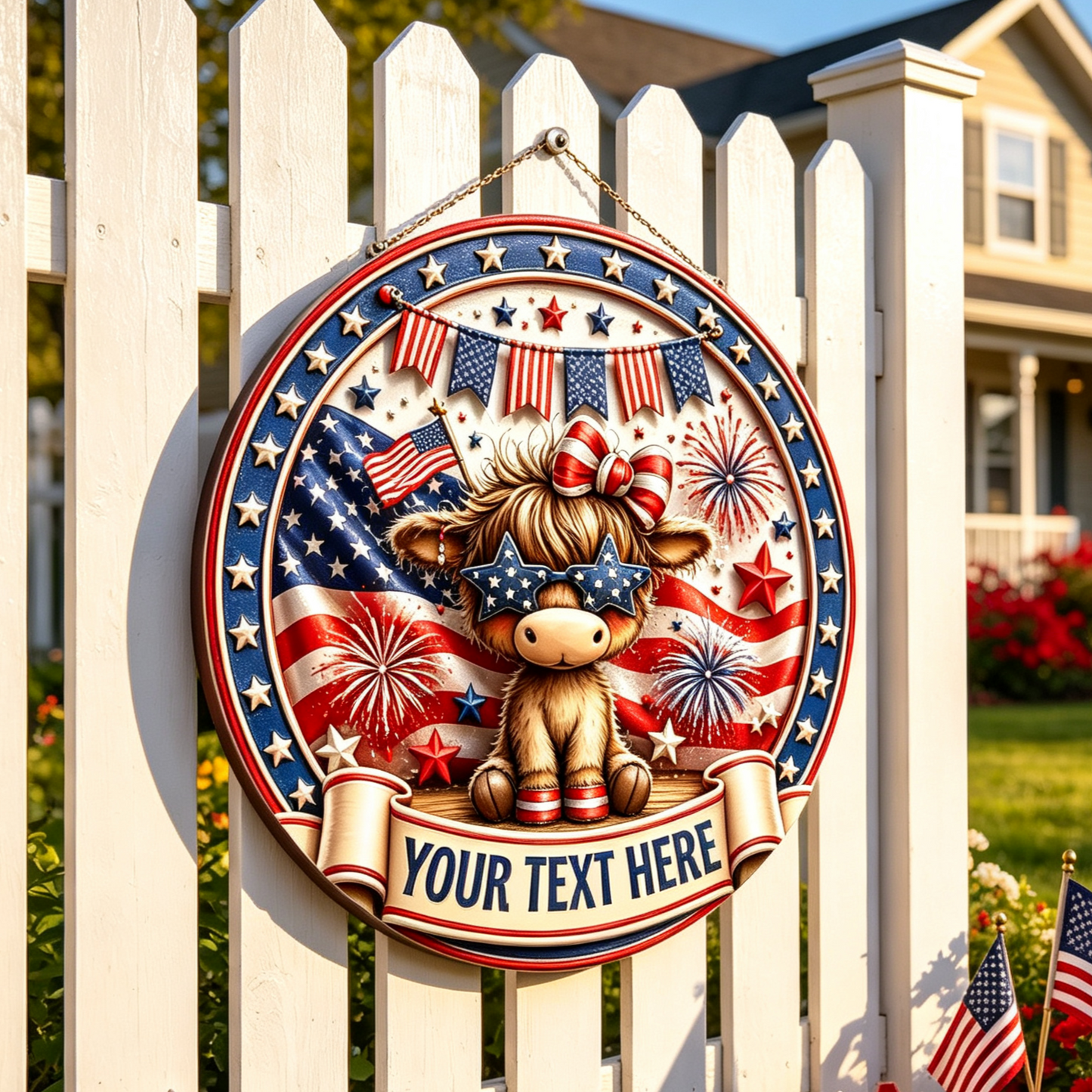 Custom Patriotic Highland Cow Wooden Sign