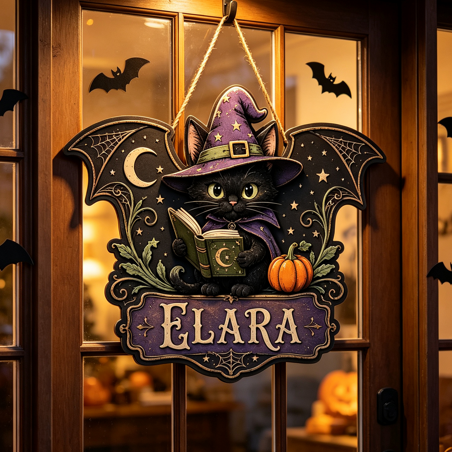 Custom Witch Cat Halloween Door Hanger with Name
