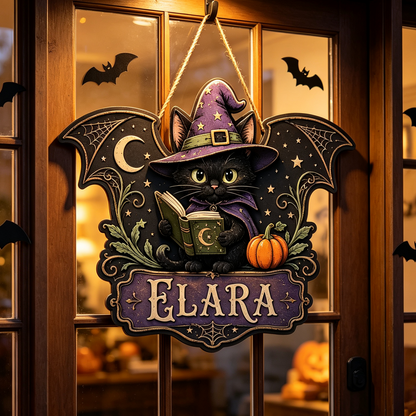 Custom Witch Cat Halloween Door Hanger with Name