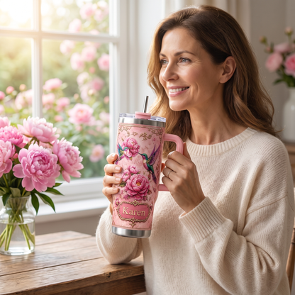 Personalized Hummingbird Peony Tumbler – Custom Name Floral Gift Cup for Her