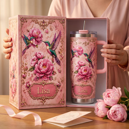 Personalized Hummingbird Peony Tumbler – Custom Name Floral Gift Cup for Her