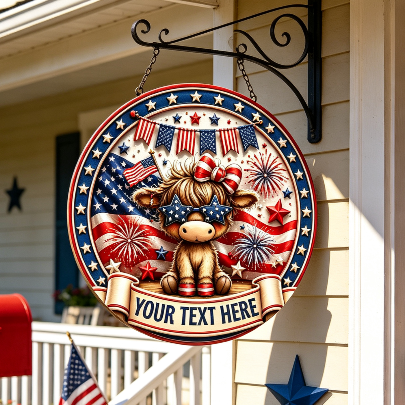 Custom Patriotic Highland Cow Wooden Sign