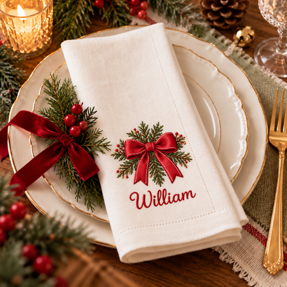 🎄 Personalized Christmas Embroidered Linen Napkin — A Place Just for You