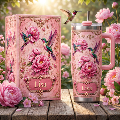 Personalized Hummingbird Peony Tumbler – Custom Name Floral Gift Cup for Her