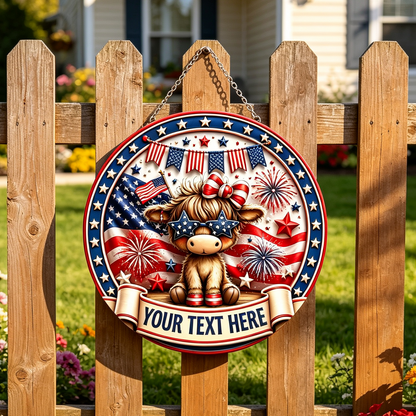 Custom Patriotic Highland Cow Wooden Sign