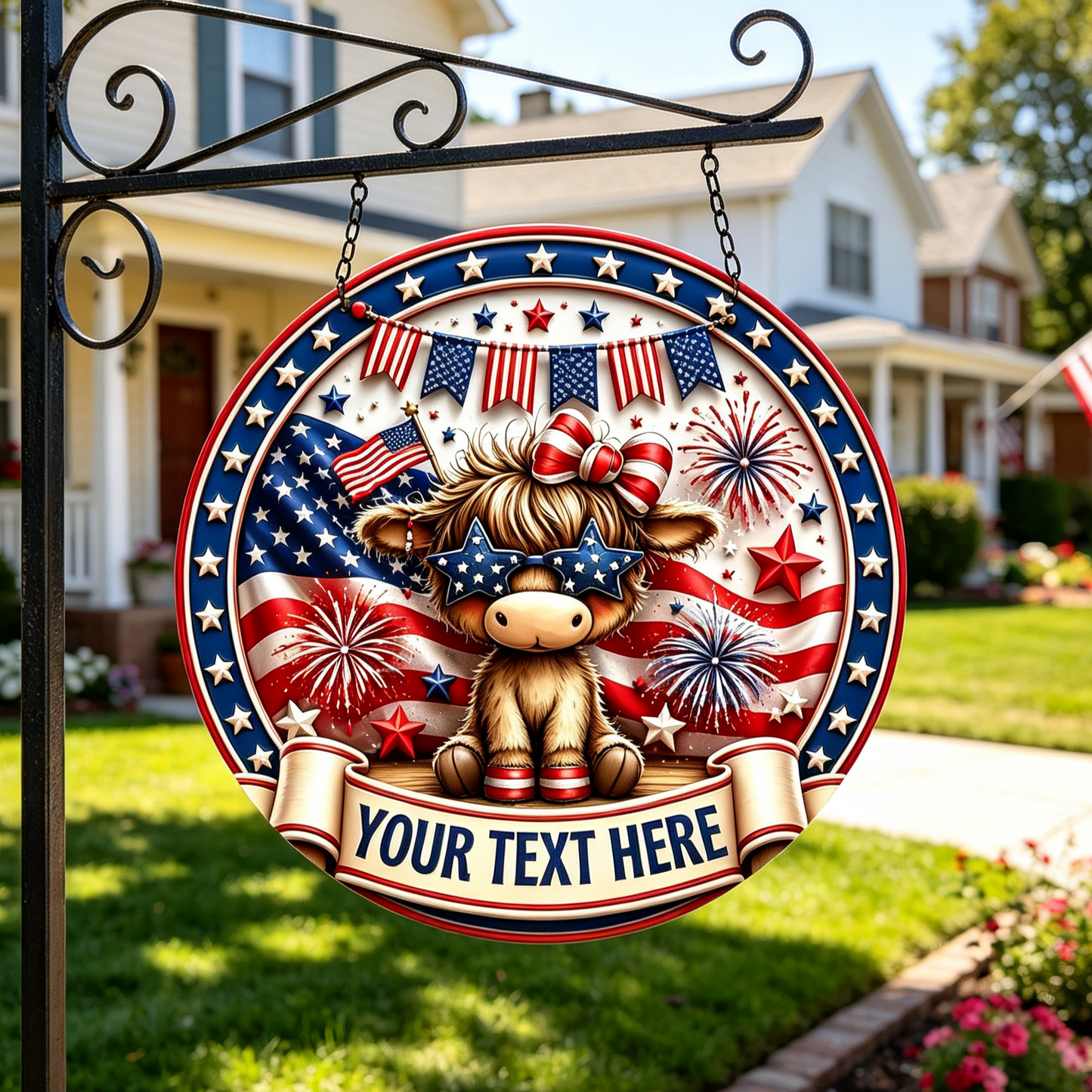 Custom Patriotic Highland Cow Wooden Sign