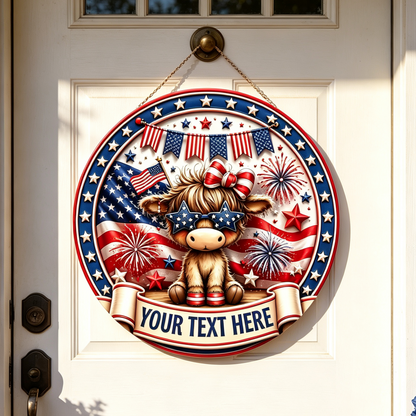 Custom Patriotic Highland Cow Wooden Sign