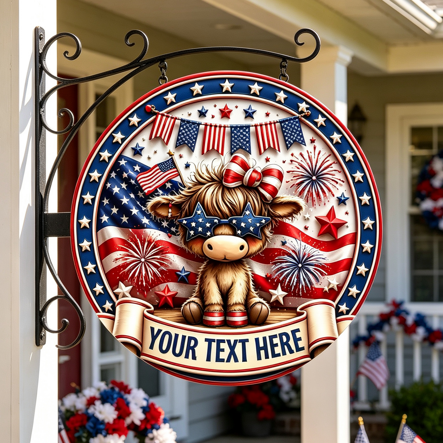 Custom Patriotic Highland Cow Wooden Sign