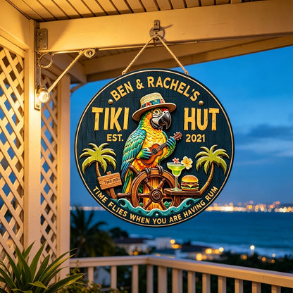 Personalized Tiki Bar Wood Signs: Parrot playing guitar