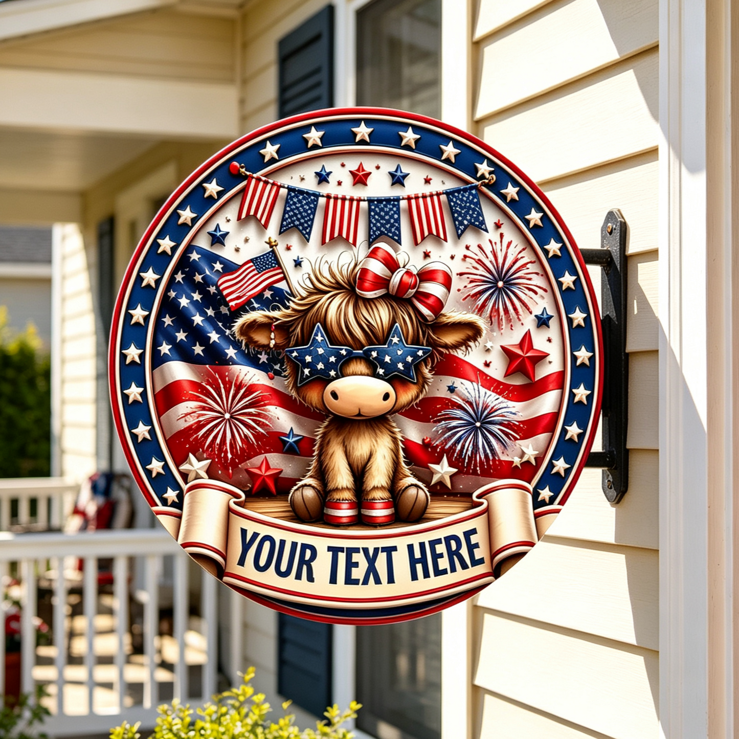 Custom Patriotic Highland Cow Wooden Sign