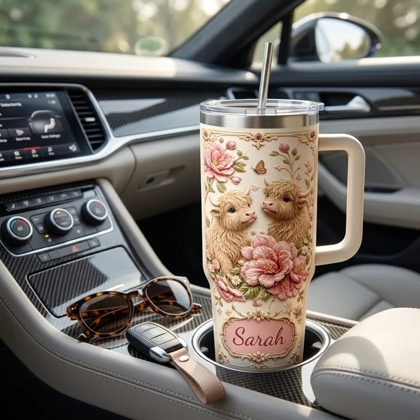 🌺✨ Personalized Highland Cow & Pink Floral Tumbler