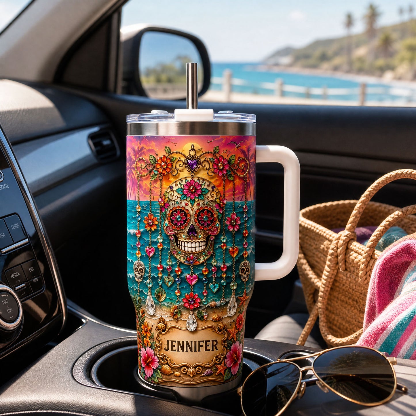 Personalized Sugar Skull Beach Tumbler With Name