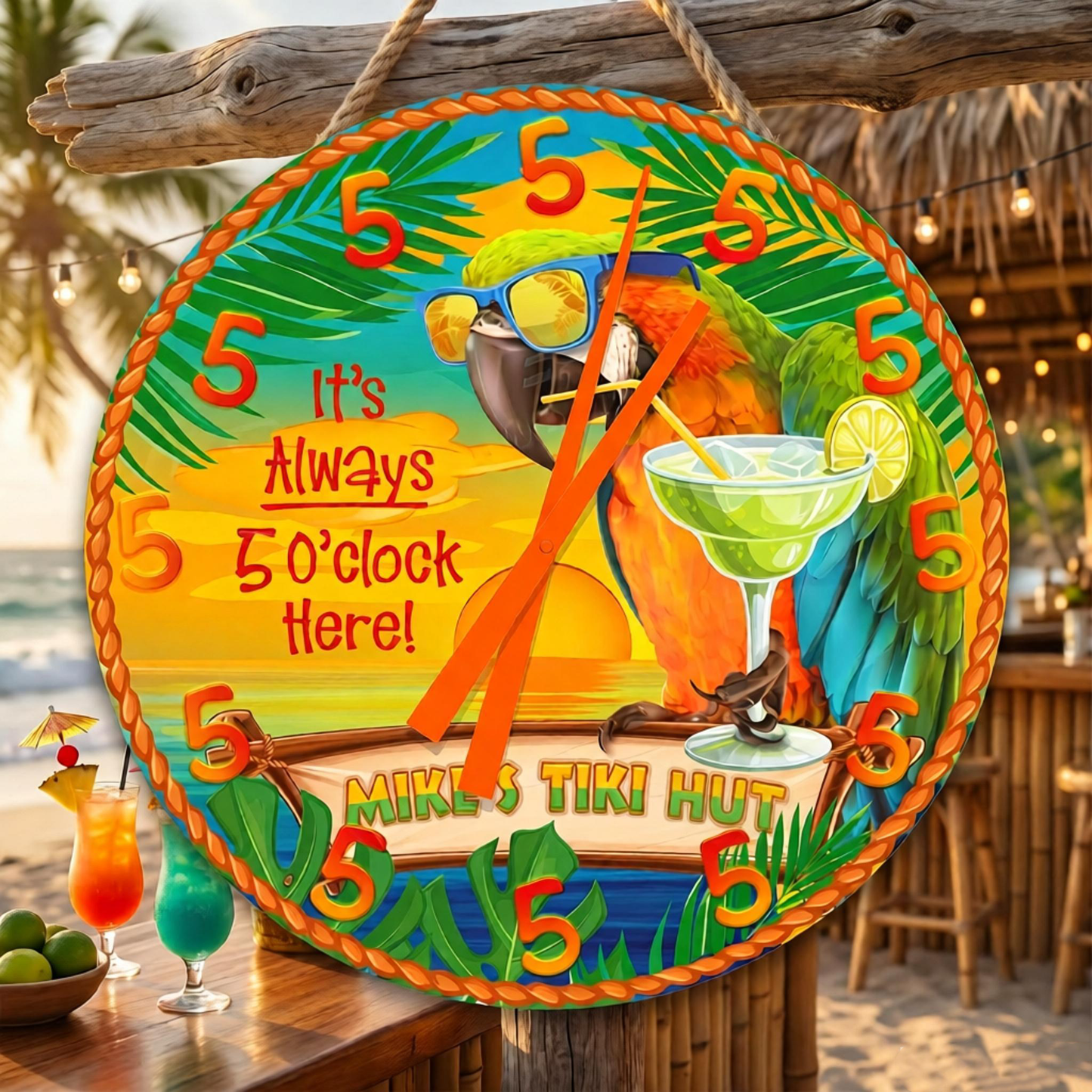 Personalized Handmade Beach Bar Parrot Clock: It's Aways 5 0'clock Here!