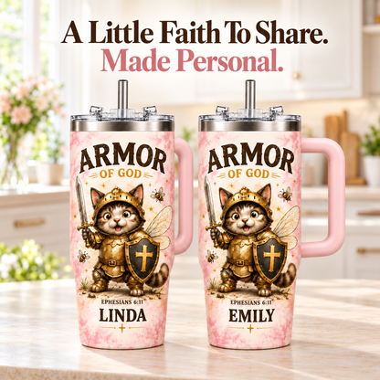 Personalized Armor of God Cat Tumbler – Custom Name Christian Gift