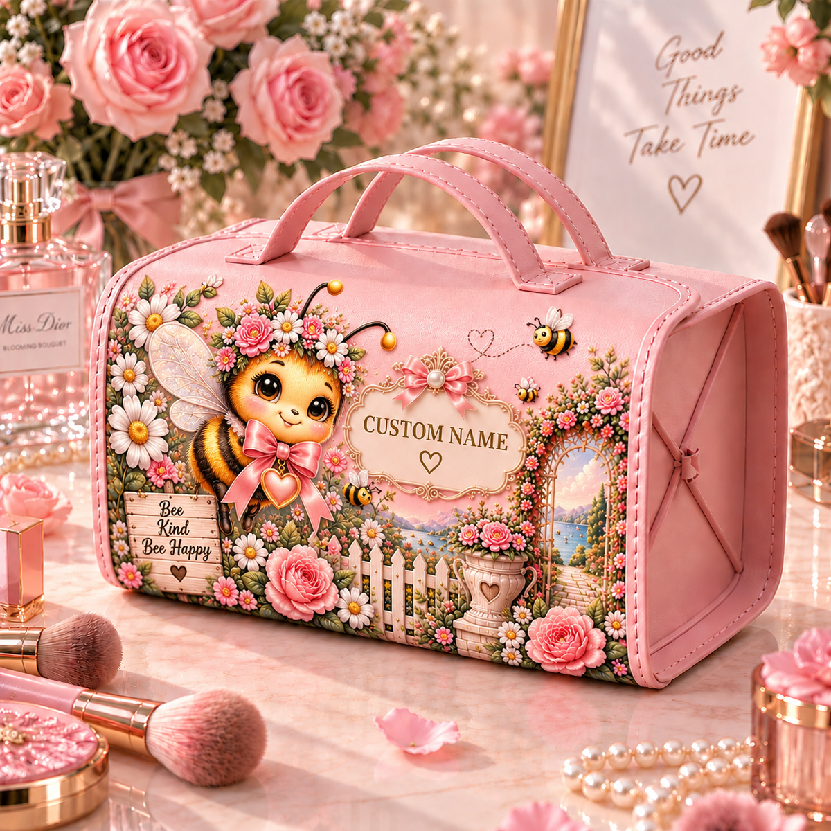 🌸 Personalized Pink Garden Animals Makeup Organizer Bag with Large Capacity Compartments